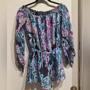 Lilly Pulitzer XS Off the Shoulder Long Sleeve Coral Print Romper with Gold